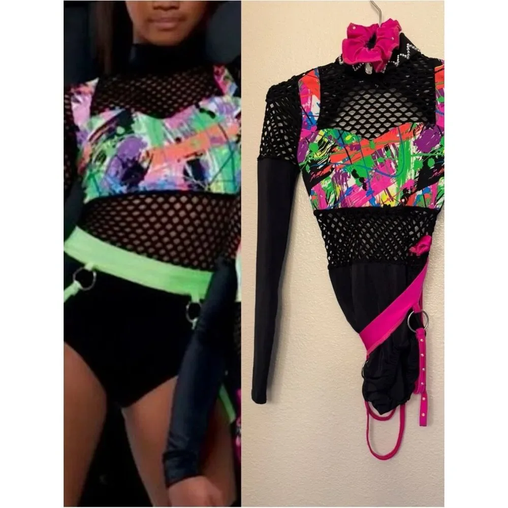 Kelle dance neon Y2K acro contemporary costume leotard fishnet 5304 MC 10/12